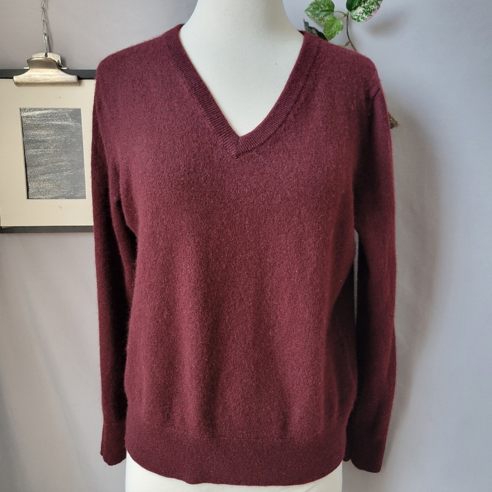 Quince Mongolian Cashmere‎ V Neck Long Sleeve Sweater Jumper Burgundy L